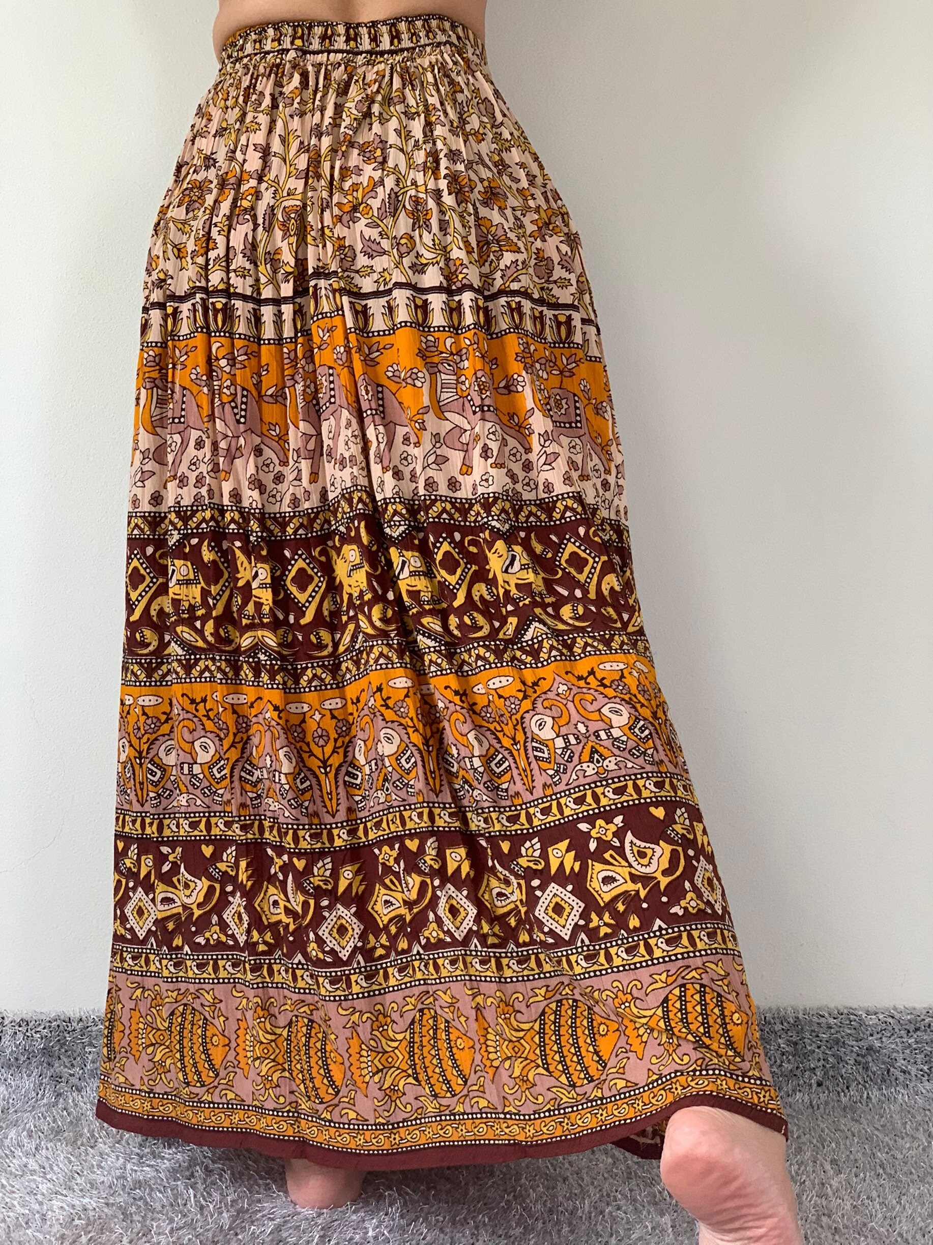 ID0877 Maxi Indian Skirt, Women Printed Flared Skirt, Gypsy Skirts