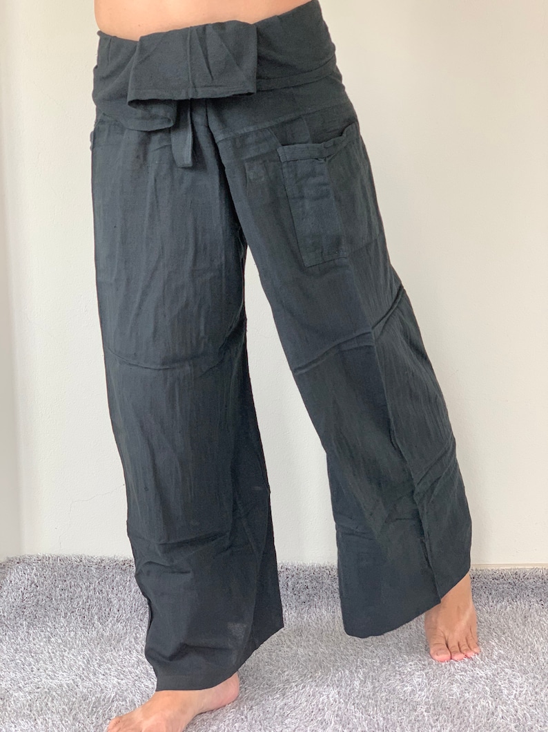 FG0019 Black cotton Thai Fisherman Pants Wide Leg pants Unisex pants Wrap pants
