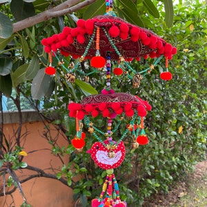 MB0048 Handmade Mobile,Nursery Hanging decorate with pompoms and colorful wood beads image 1