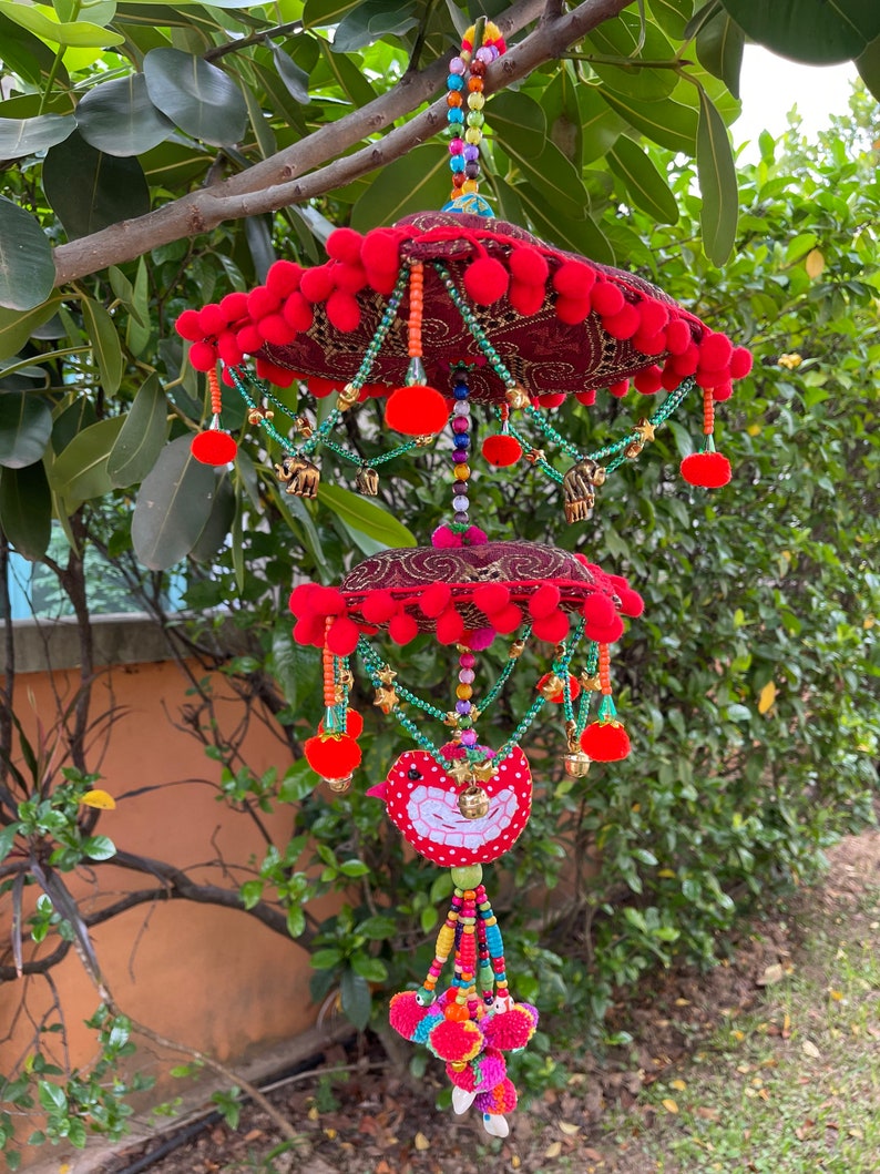 MB0048 Handmade Mobile,Nursery Hanging decorate with pompoms and colorful wood beads image 1