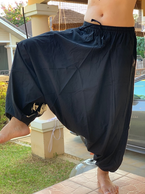 HB0005 Solid Black Harem Pants Unisex Low Crotch Yoga Trousers, elephant pants