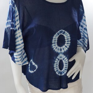 Women's Plus Size Boho Pure Cotton Shibori Tie-Dye Indigo Long Sleeve Loose Fit Tunic Blouse