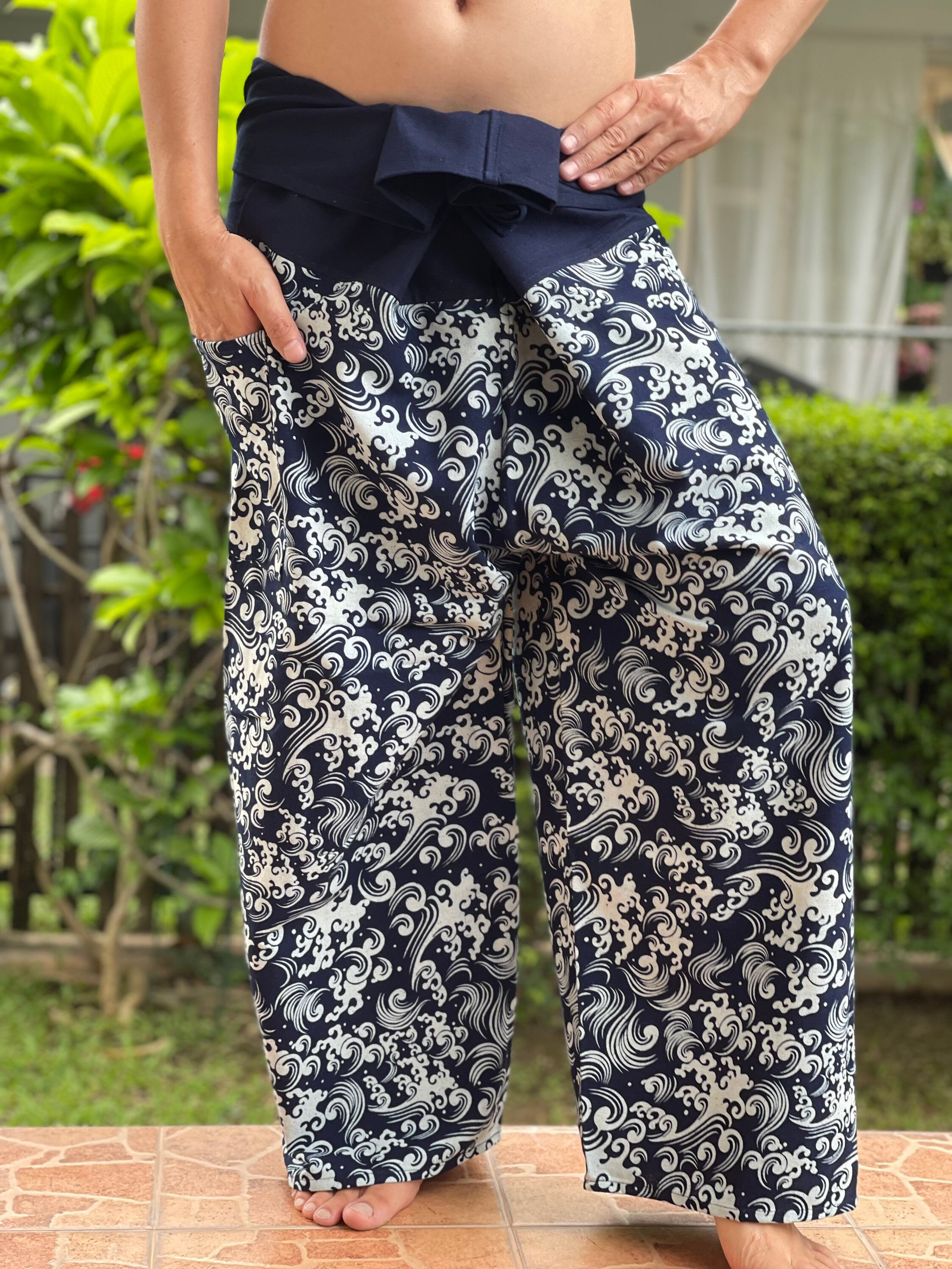 MH0059 Indigo Thai Fisherman Pants Wide Leg Pants, Wrap Pants