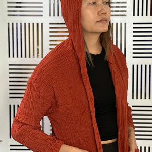 May include: A rust-colored hooded cardigan with a textured fabric. The cardigan has a long, open front and pockets on the sides.