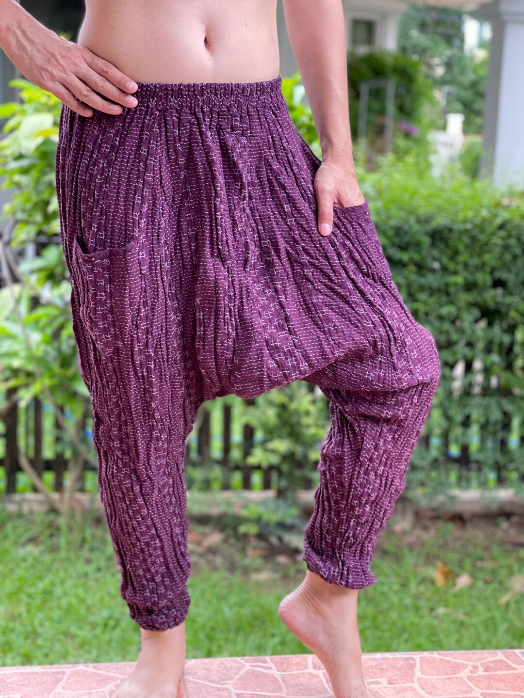 CG0470 Stitch Woven Cotton Gauze Harem Pants, Super Soft Baggy, Unisex