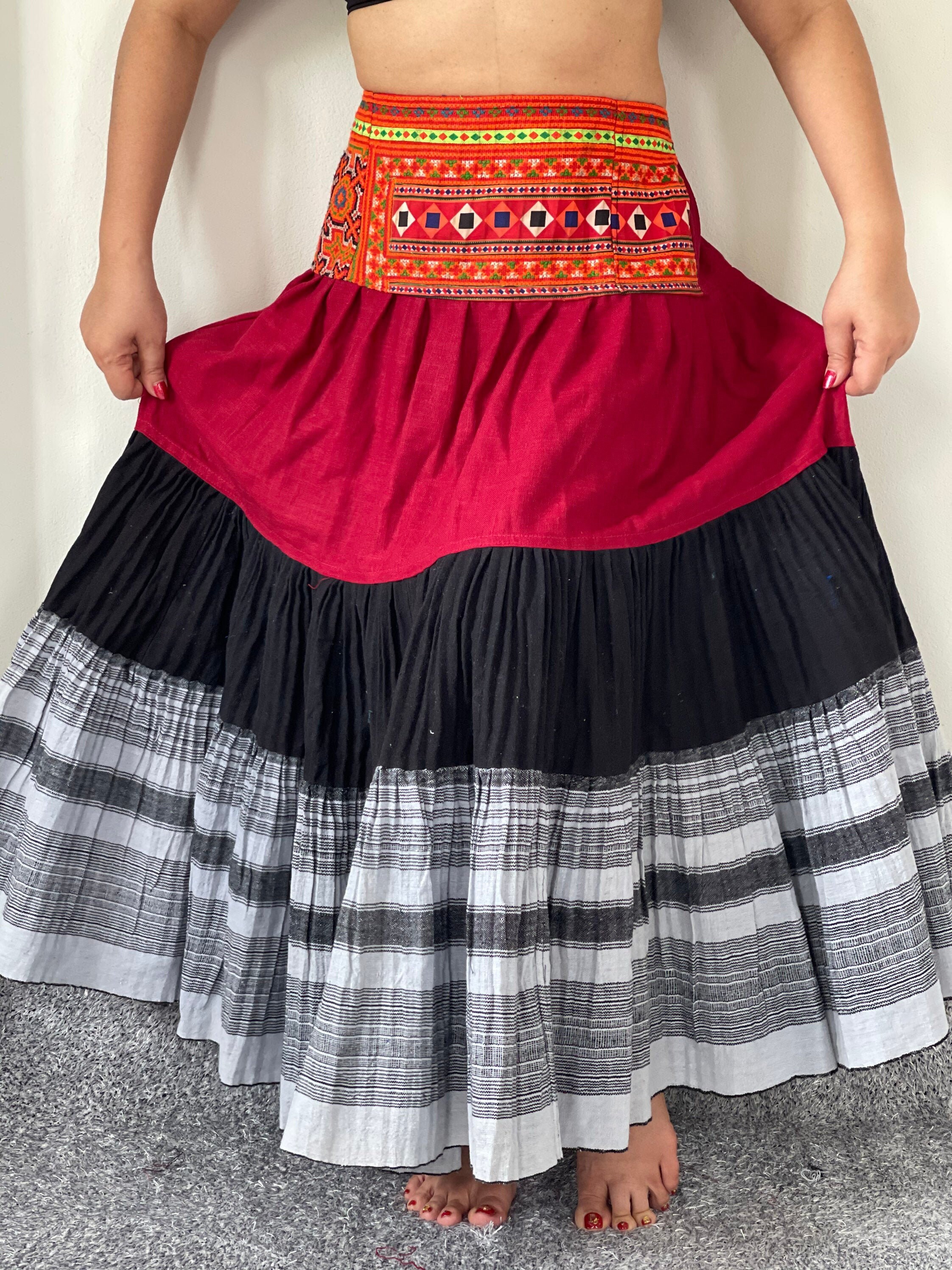 Sh0083 Hamp Maxi Hmong Elastic Waist Skirt, Thailand Hill Tribe Skirt, Amazing Hilltribe Skirts, Made By Fabric