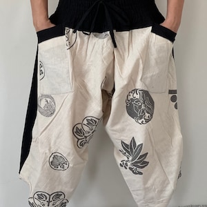XL0032 Cotton 100%, XL Size Samurai pants Handmade pants,Smock Waist Low Crotch, unisex Yoga Harem Pants  - elastic waistband