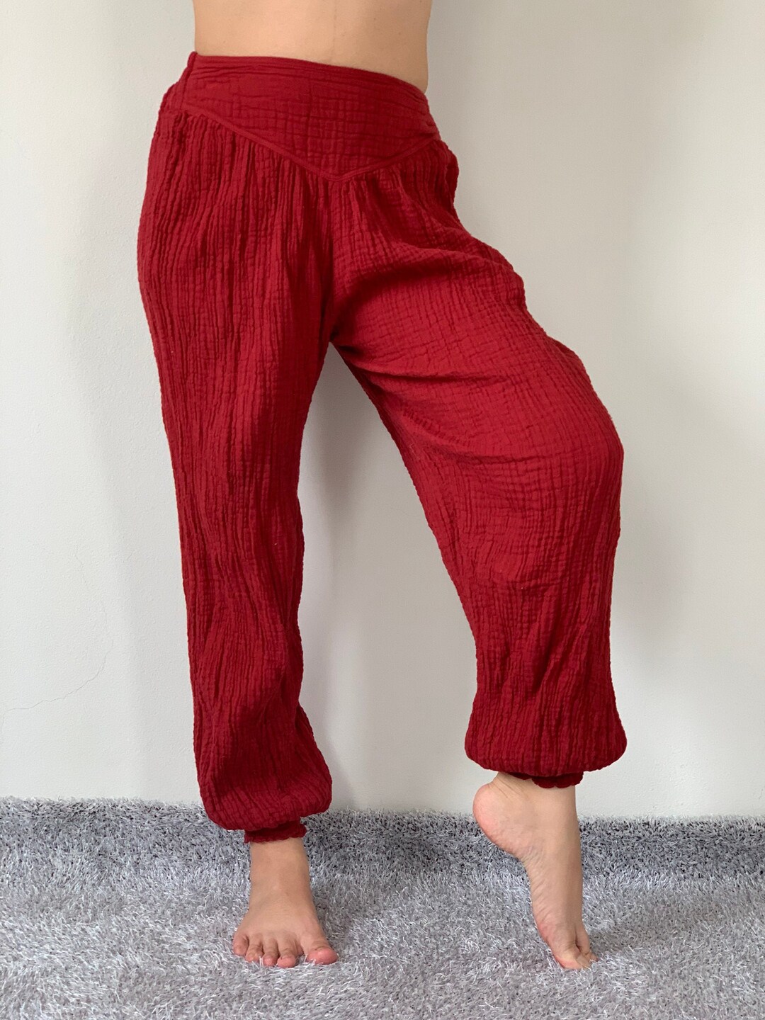 CG0019 Red Cotton Gauze Yoga Pants Super Soft, Elastic Waist in Red