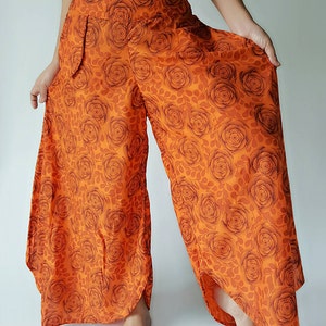 WL0110 Lady Orange soft wide leg style lady pants with elastic waistband