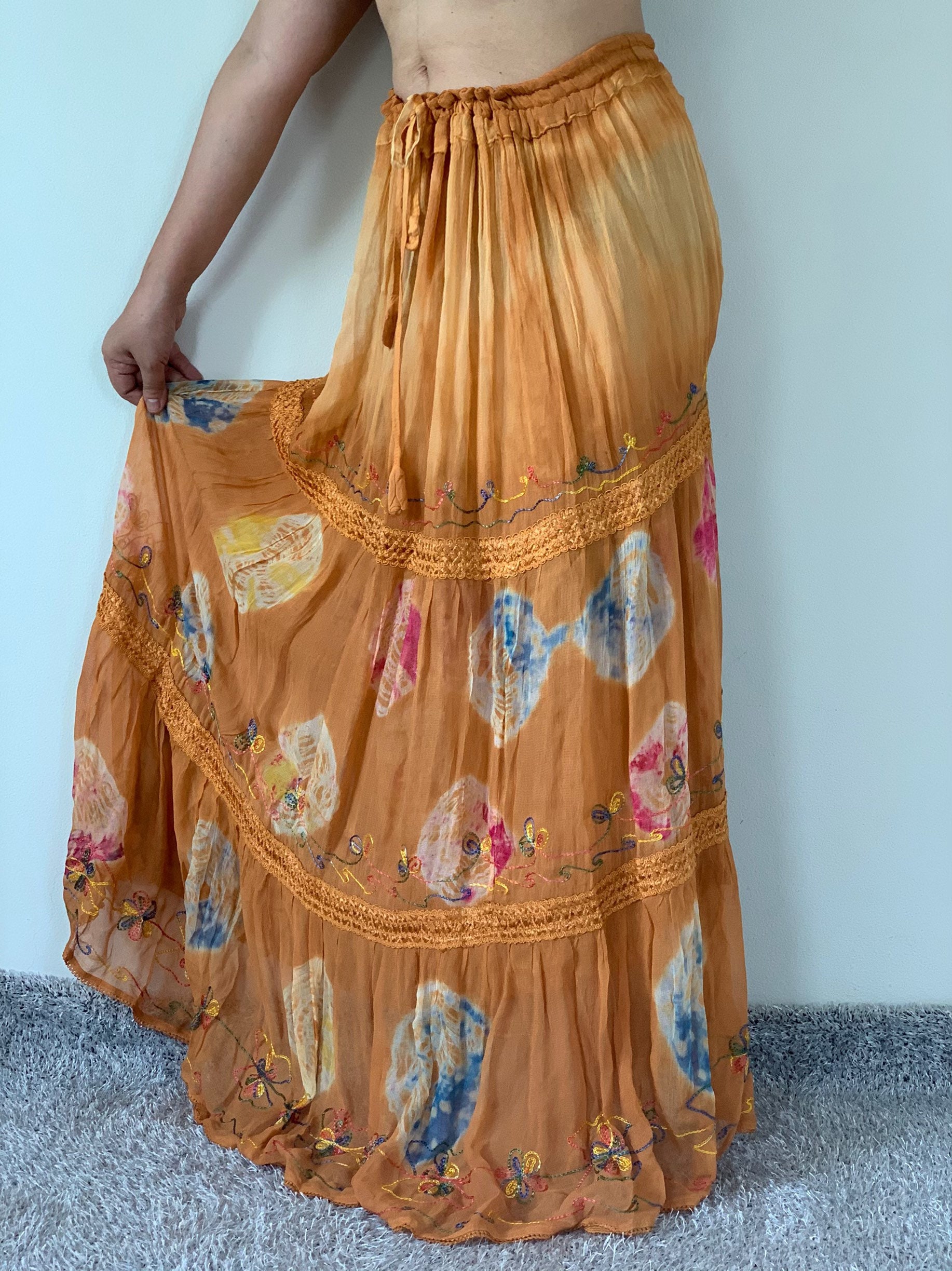 ID0806 Maxi Chiffon Indian Skirt Women Printed Flared Pink Etsy UK