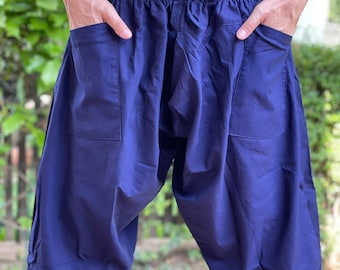 XL0038 Navy Blue Samurai pants,  Handmade pants, men's fashion, unisex Yoga Harem Pants  - elastic waistband