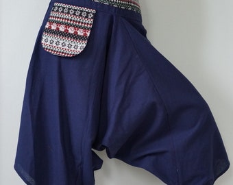 HR0061 Süße Blaue Capri Hose, Batik Baumwolle, Hmong Hill Tribe Yoga Hose