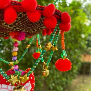 MB0048 Handmade Mobile,Nursery Hanging decorate with pompoms and colorful wood beads image 3