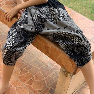 KD0196 Size L Samurai Pants Black and White pants Handmade pants, Thick Smock Waist Low Crotch, elastic waistband  - Fits all !