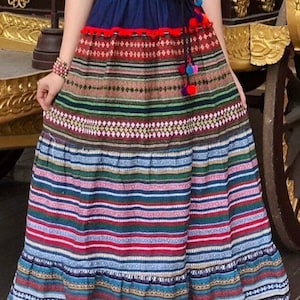 M589 Maxi Hmong elastic waist Skirt,Thailand Hmong Hill Tribe Maxi Skirt,Amazing Hilltribe skirts , made by Hilltribe fabric