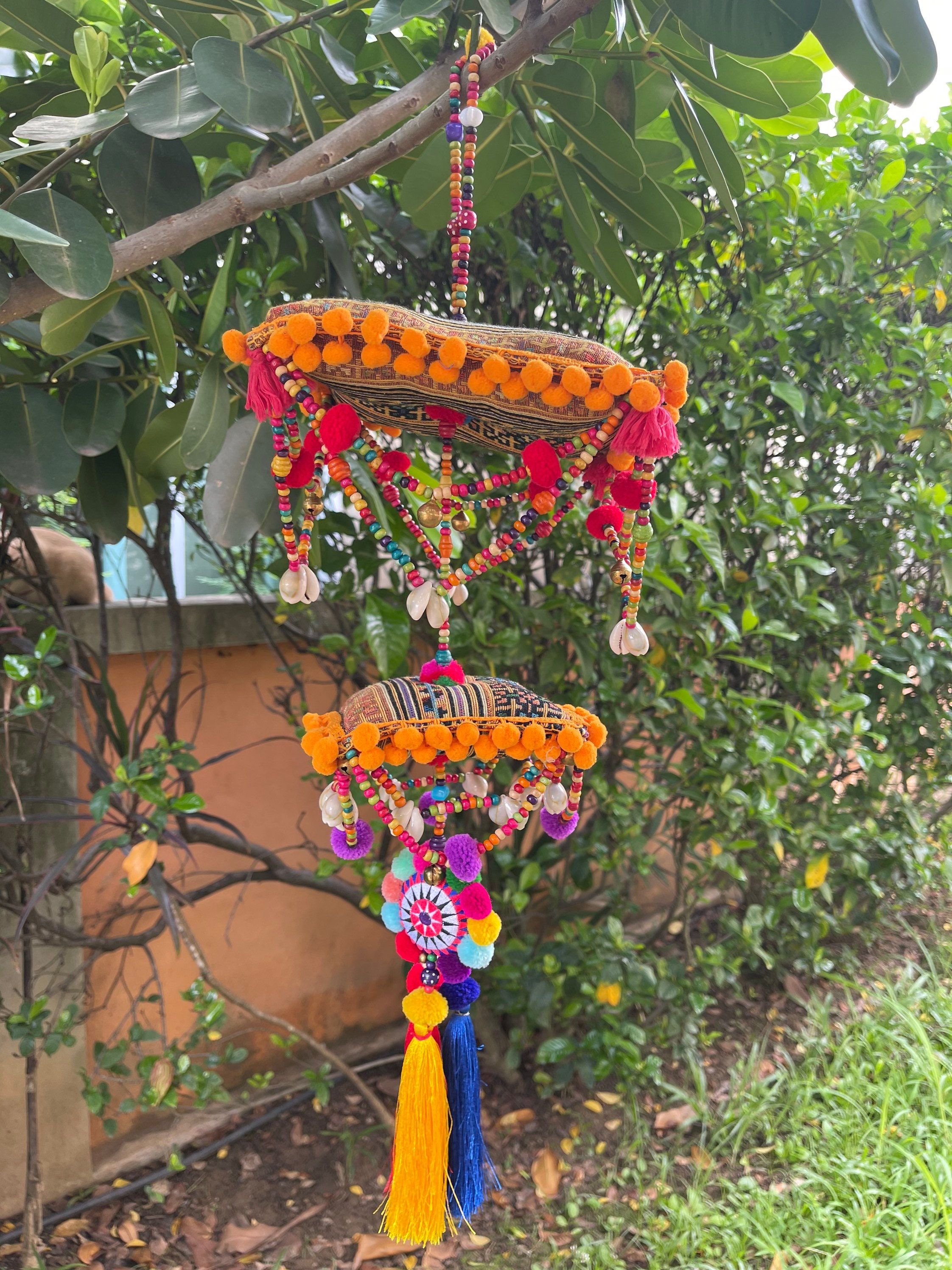 MB0026 Baby mobile,Nursery Hanging decorate with pompoms and colorful wood beads