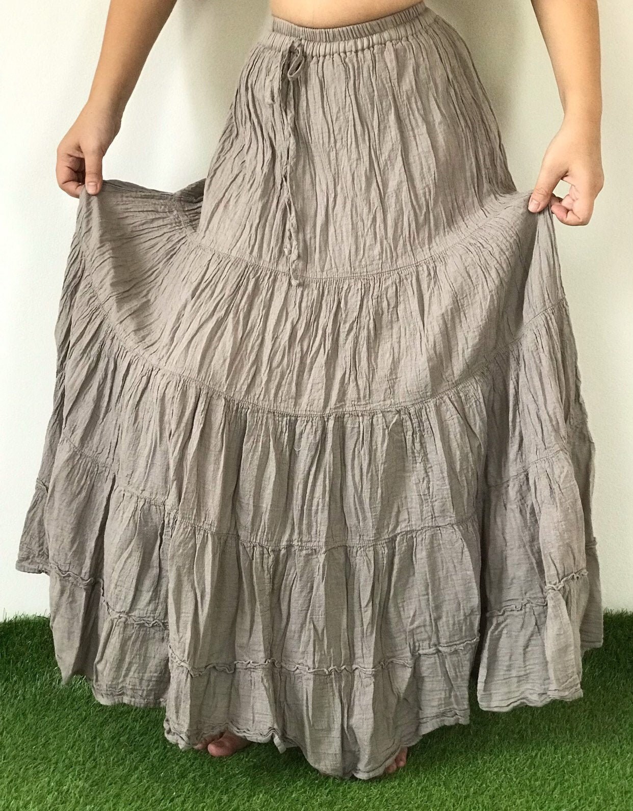 SK0718 Light Gray Maxi Cotton Skirt for Beach Summer