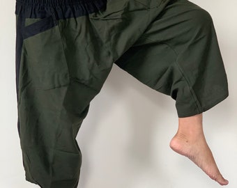 HC0500 Green and Black Samurai pants Handmade pants, Thick Smock Waist Low Crotch, unisex Harem Pants  - elastic waistband