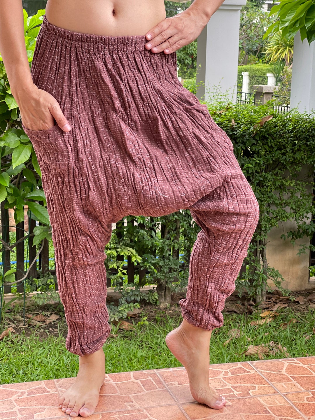 CG0468 Stitch Woven Cotton Gauze Harem Pants, Super Soft Baggy, Unisex Harem Pants, Double