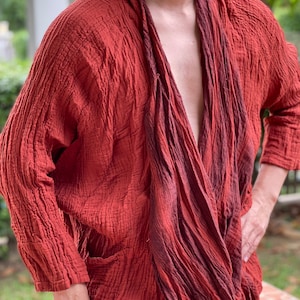 CG0441 Unisex Open Front Kimono Double Gauze Baumwolle Langarm Kimono mit Taschen, Baumwollgaze Handgemacht Ethisch