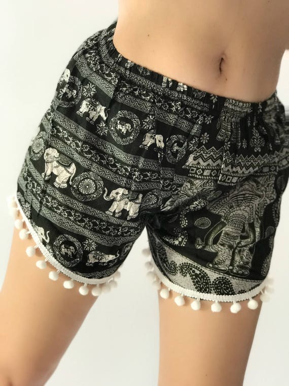 Women Shorts Fair Trade Bohemian Style Print Design Casual Beach Hippie Tribal Rayon Shorts Gypsy Thai Elephant Yoga Pants PN-01-SHO-06