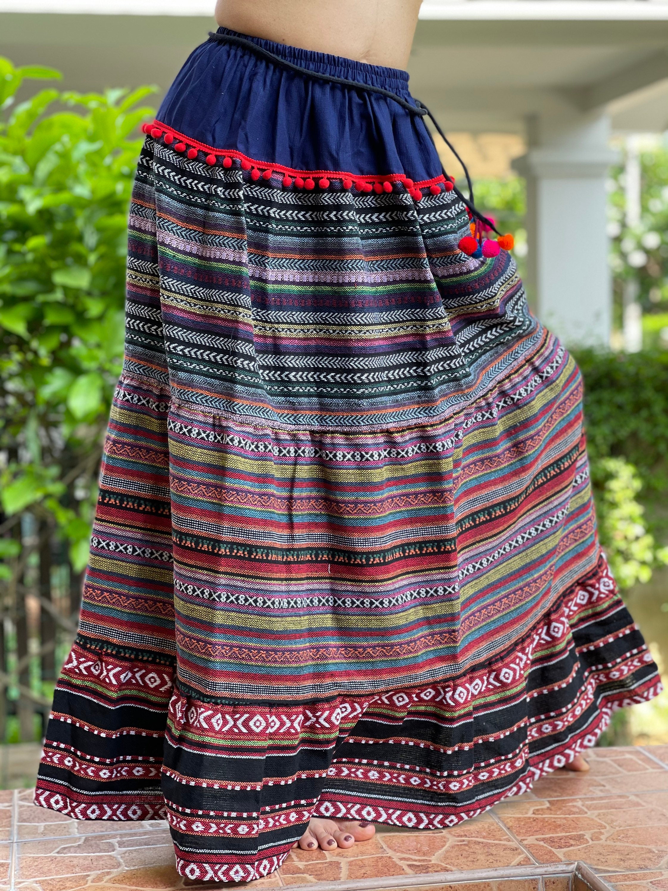 【BAON】Nishu string cotton long skirt SH0074 Maxi Hmong Elastic Waist Skirt,thailand Hmong Hill