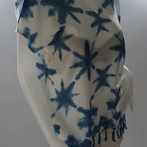 May include: White sheer top with a blue star pattern and fringe trim. The top has a V-neck and short sleeves.