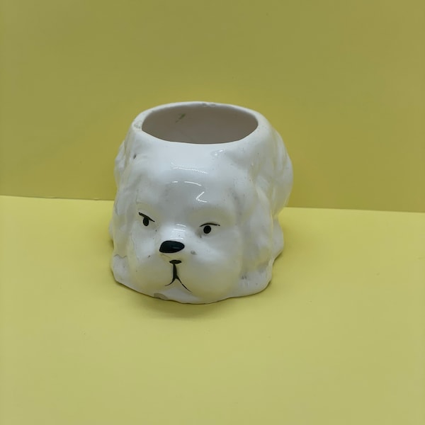 Vintage Dog Vase, Miniature, White Pottery, Glazed Ceramic, Succulent Planter, Flower Vase Antique, Creative Pot, Houseplant Fun Gift