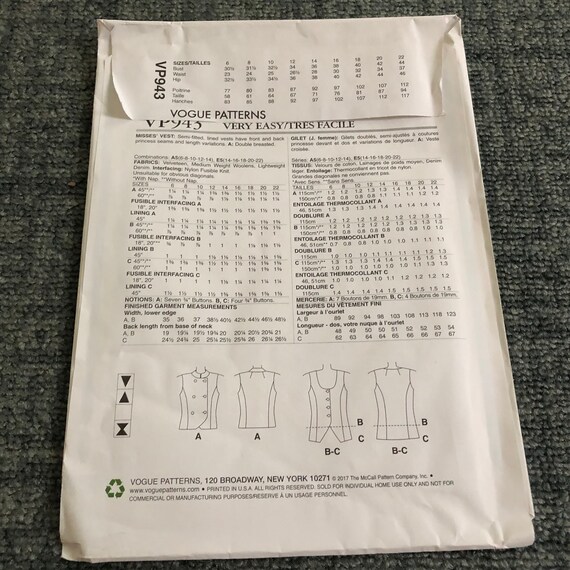 NEW Very Easy Vogue VP943 Sewing Pattern Misses Vest Plus Size 14-16-18-20-22