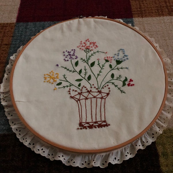 HALF PRICE Embroidered Flower Basket With Flowers In Wood Embroidery Hoop Lace Around The Hoop Vintage Wall Hanging Sewing Room Shabby Chic