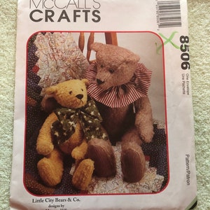 Uncut Factory Fold Sewing Pattern McCall&#39;s 8506 Little City Bears & Co Designs By Maureen Hills Bear In Two Sizes Collar Bow Copyright 1996