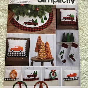Uncut Factory Fold Sewing Pattern Simplicity R11283 Holiday Decorations Chair Topper Pillow Appliques Stocking Skirt Wreath Tree 2021