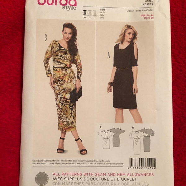 Uncut Factory Fold Burda Style Sewing Pattern 6919 Sizes 8 10 12 14 16 18 Kleid Robe Dress Vestido