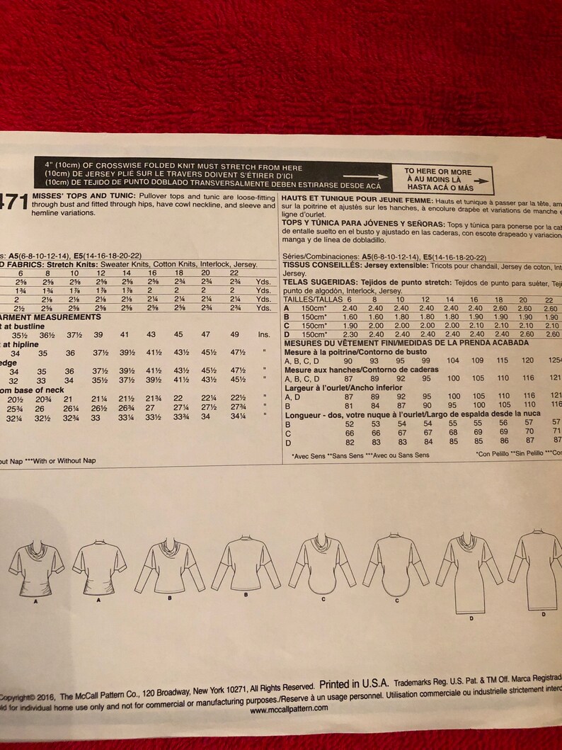 Uncut Factory Fold Sewing Pattern McCall/'s M7471 Sizes 14 16 18 20 22 Misses/' Tops And Tunic Copyright 2016 Originally Sold For 17.95