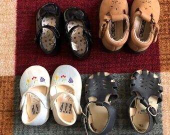 Lot Of 4 Pairs Of Shoes Light Blue Baby Gap With Fruit Black Patent Mary Janes Brown Suede Cherokee Blue Stride Rite Little Baby Girl