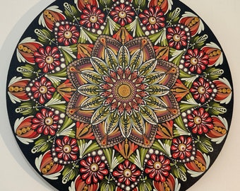 Green & Red Mandala – 40.6cm (16”) Acrylic Mandala on Round Canvas Board, Ready to Hang, (Not a print) Australian Artist