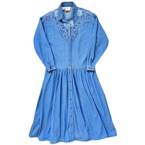 Vintage Jessie Jeanswear Denim Maxi Dress with Lace Applique | 1980s | Medium-Large