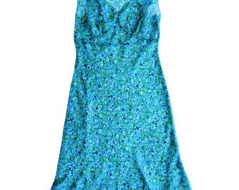 Y2K 2000s Vintage Sheer Teal Floral Sleeveless Ruffled Dress - Medium