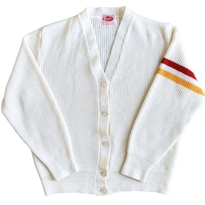 Vintage White Cardigan with Red and Yellow Shoulder Stripes | 1970s | Small-Medium