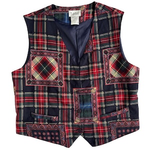 Chaleco vintage de los años 90 con estampado de patchwork a cuadros rojos y azul marino (talla mediana/grande)