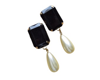 Vintage Black Gem Statement Earrings with Teardrop Pearl Pendant | 1980s