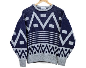 Vintage Men's Navy and Gray Wool Blend Geometric Print Pullover Sweater | 1980s | Medium