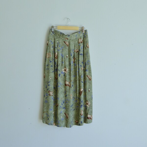 Vintage Sage Floral Maxi Skirt | 1990s | Medium