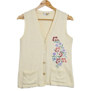 Up-cycled Hand Embroidered Vintage Wool Vest with Pastel Floral Embroidery | Small