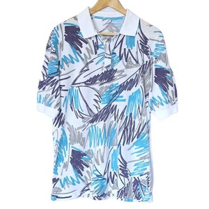 Vintage Men's Blue and White Abstract Print Polo Shirt | 1980s-1990s | Medium-Large