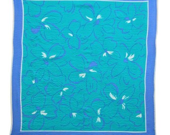 SALE Vintage Orton Teal and Blue Floral Square Silk Scarf