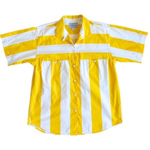 Vintage Yellow and White Striped Button Down T-Shirt | 1990s | Medium-Large