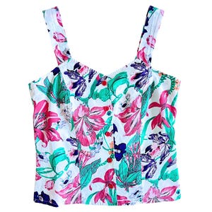 Débardeur structuré blanc vintage à imprimé floral rose et violet | Années 80 | Très petit