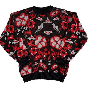 1990's, Ramie/cotton Blend, Sweater in Black With Flowers in