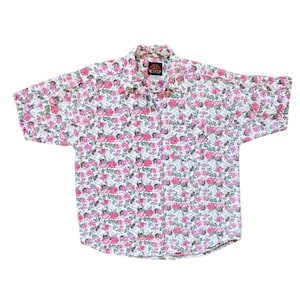 Vintage Kiss Wear Pink Floral Rose Print Short-Sleeved Buttoned Shirt | 1990s | Large
